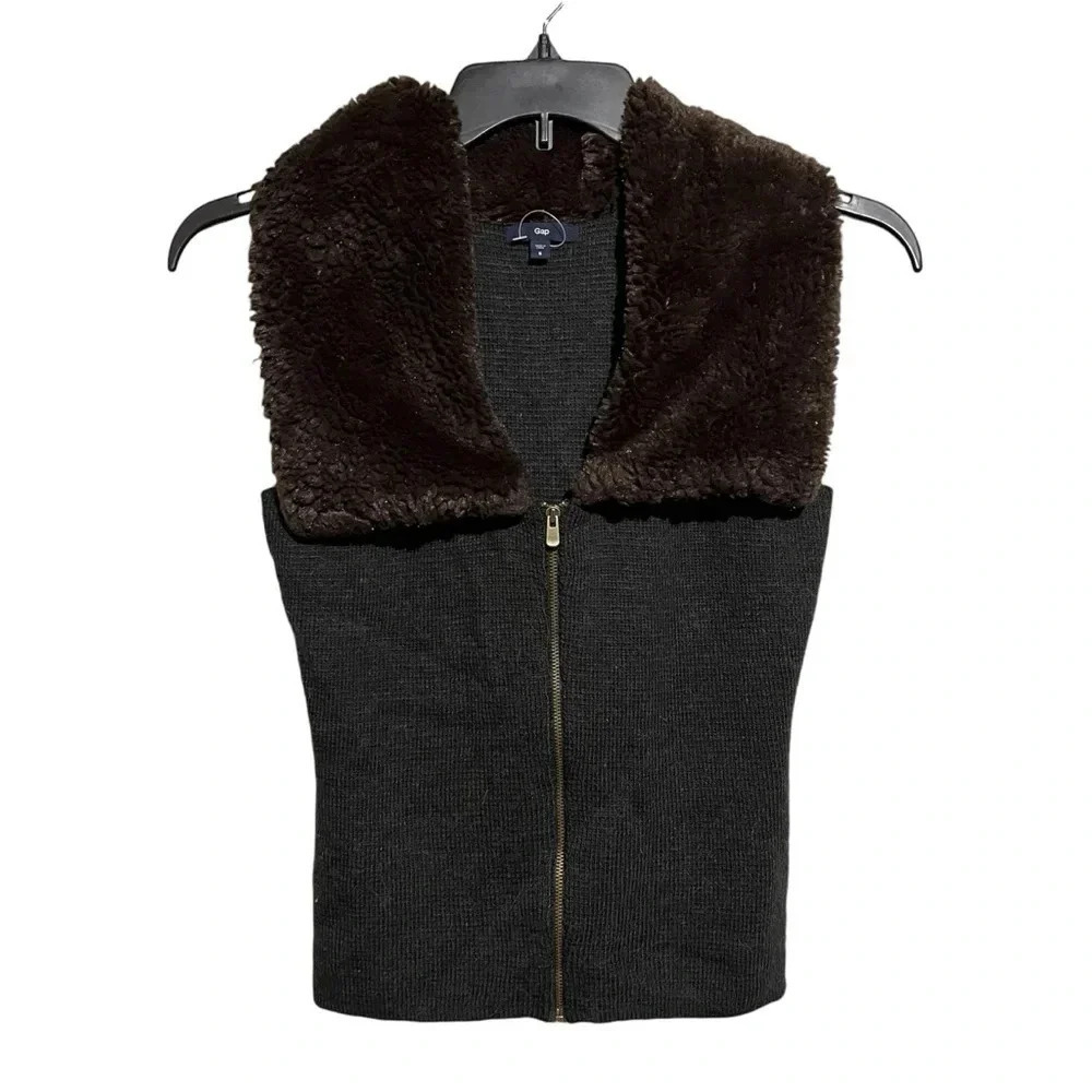 Gap Sweater Vest Womens Small Full Zipper Wool Brown Blend Faux Fur Collar